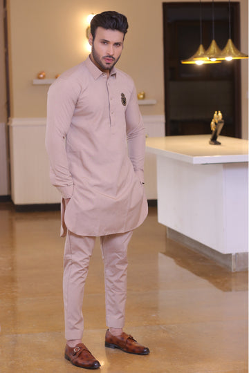 Beige Color Golden Embroidered Kurta Pajama For Men